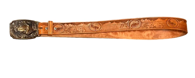 Vtg Sears Hand Tooled Bass Fish Genuine Leather Belt 36 & BTS Solid Brass Buckle