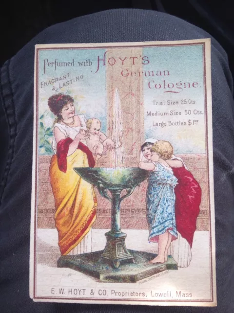 Antique TRADE CARD Victorian Hoyts German Cologne, Baby @ Fountain, c1890s Ad