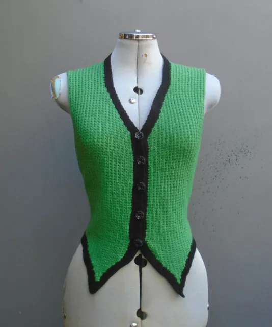 Original Vtg 1940s WW2 Hand Knitted Waistcoat Green Black Sleeveless Cardigan