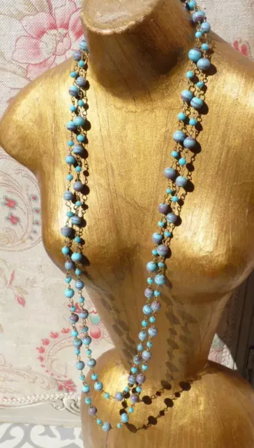 ANCIEN COLLIER SAUTOIR VINTAGE PERLES en VERRE FANTAISIE et MÉTAL