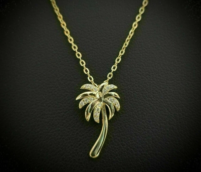 Plaqué Or Jaune 14K 18 Chaîne Libre 2Ct Coupe Ronde Moissanite Palmier...