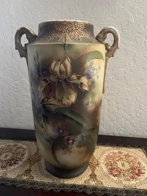 Large Nippon Japan Hand Painted Dual Handled Vase Moriage Gold 12.5"