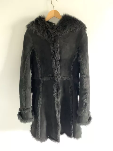 COACH Size M Black Knee Length Hooded 100% Leather Sheepskin Coat Snap Closure