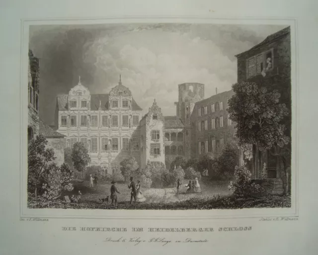 Heidelberg Hofkirche im Schloß  alter wunderschöner echter Stahlstich 1842