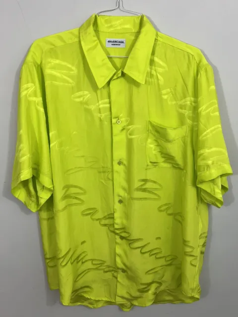 Balenciaga Men’s Neon Logo-Print Oversized Button Up (L/XL)