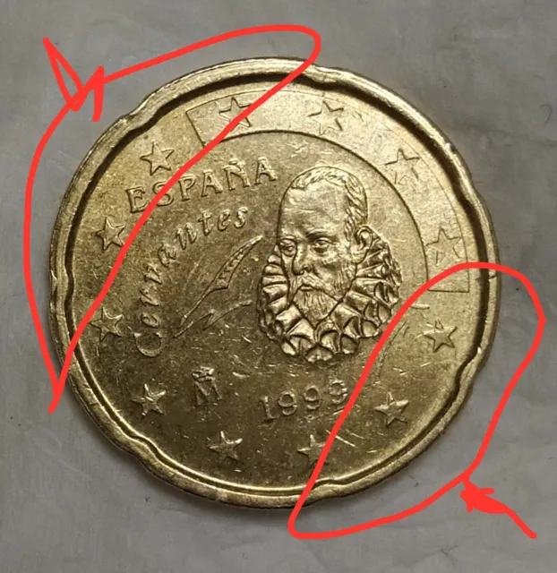 Moneda 20 céntimos euro de España año 1999 error descentrada