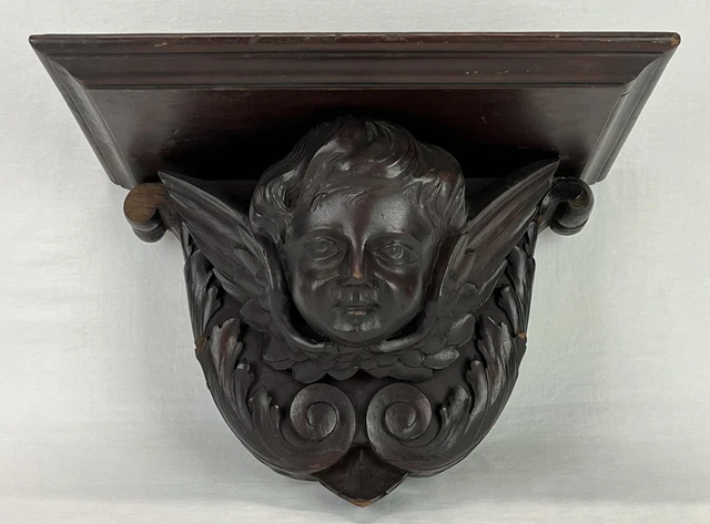 Antique Hand Carved Wood Cherub Angel Sculpture Hanging Wall Shelf
