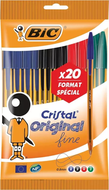 ✅ Stylos Bille Bic Cristal Original Fine 08 mm Couleurs Assorties Pochette X20