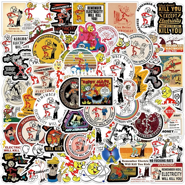 63Pcs Reddy Kilowatt Remember Kids Electricity Will Kill You Sticker Decals, Ele