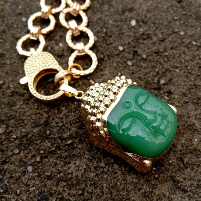 Green Jade Carved Buddha Head Pendant Gold Plated Chain Necklace 20"