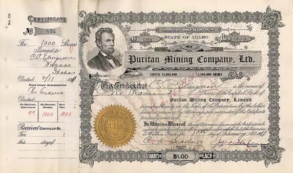 Puritan Mining Co., Ltd .- Stock Certificate - Mining Stocks