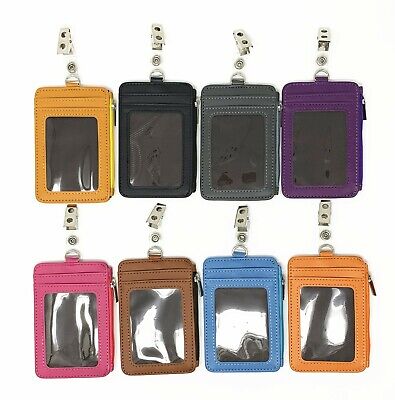 Zipper Leather Vertical ID Badge Holder with 4 card slots and Clip NEW