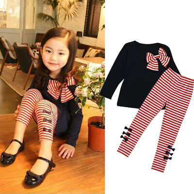 2Pcs Kids Baby Girls Clothing Long Sleeve Bowknot T-Shirt Top & Stripe Pants Set
