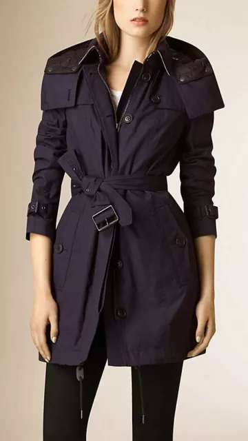 NWT Burberry Brit Fenstone Nova Check Cotton Hooded Trench Coat With Warmer Navy