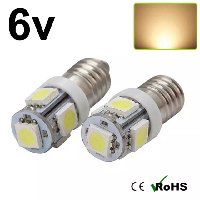 2 x Blanco Cálido 6v E10 Tornillo 5 SMD Bombillas Clásico Coche Scooter Antorcha E10 MES