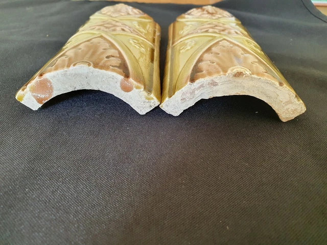 Pair of Convex Victorian Majolica tiles.  Mintons ? C1899. 6 x 3 inch. 3