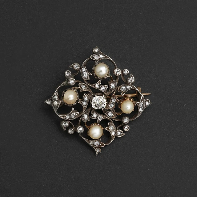 Broche Ancienne Or 18k Et Argent Avec Diamants - époque Napoléon III, Style Volute, Réf MP2378