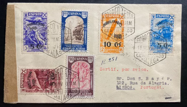 1940 Malaga Spain Airmail censored cover to Lisboa Portugal Zeppelin Stamp