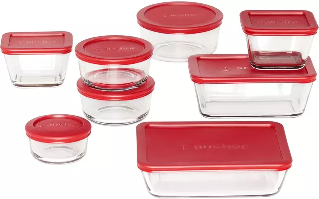 Anchor Hocking Classic Glass Food Storage Containers with Lids, Red, 16-Piece
