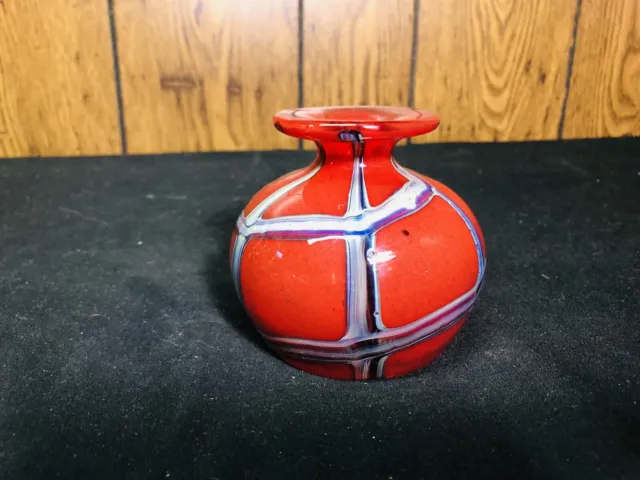 SIGNED Small Art Glass Red And Blue Vase Decor Striped Single Flower Vase