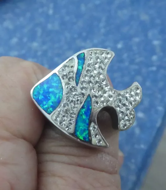 925 Sterling Silver Blue Opal Inlay with Rhinestones Fish Ring