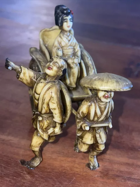 Japanese Rickshaw Souvenir Plastic Mini Toy Yellow/Antiqued w/ Extra Character 2