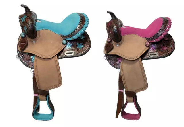 Western Mini Pony Barrel Saddle 10" 12"- Teal/ Pink Seats Tan 1/2 R.Out Floral