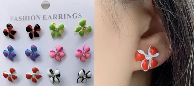 6 Pairs of Children's Kids Earrings Studs Set - Crystal Bow Xmas Bday Gift set