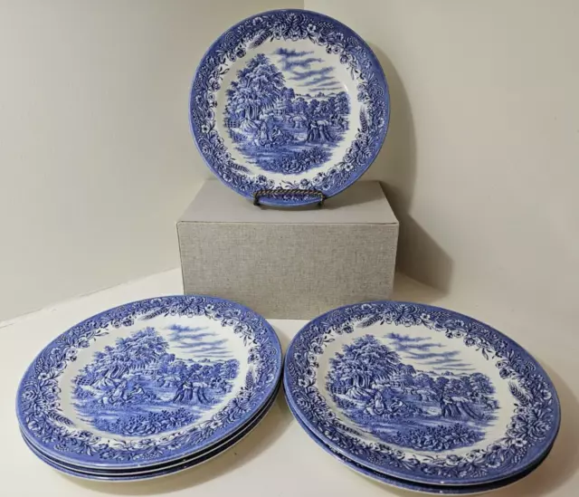 Churchill Currier & Ives Harvest 10 1/4" Dinner Plate Set Of 6 England Blue/Wht