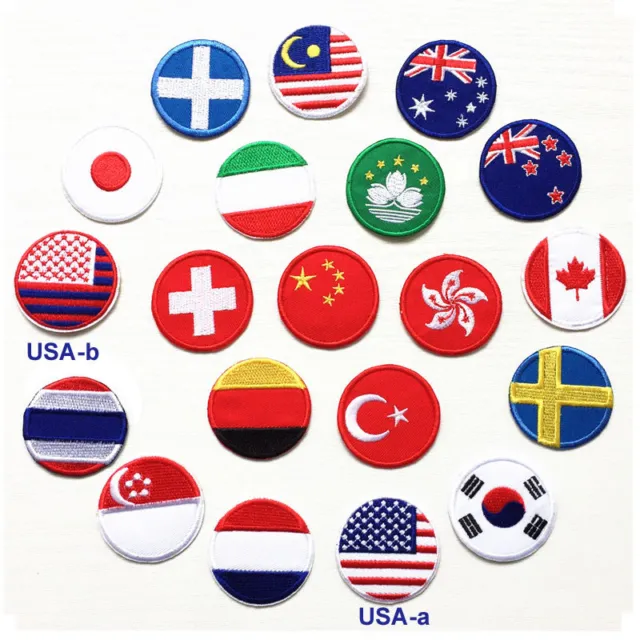 National Flag Round Patch Emblem Embroidered Sew Iron On Country Badge Applique