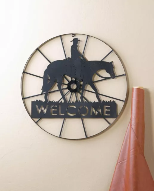 Whimsy Black Iron Western Inspired Cowboy Welcome Wheel Sign Outdoor Decor