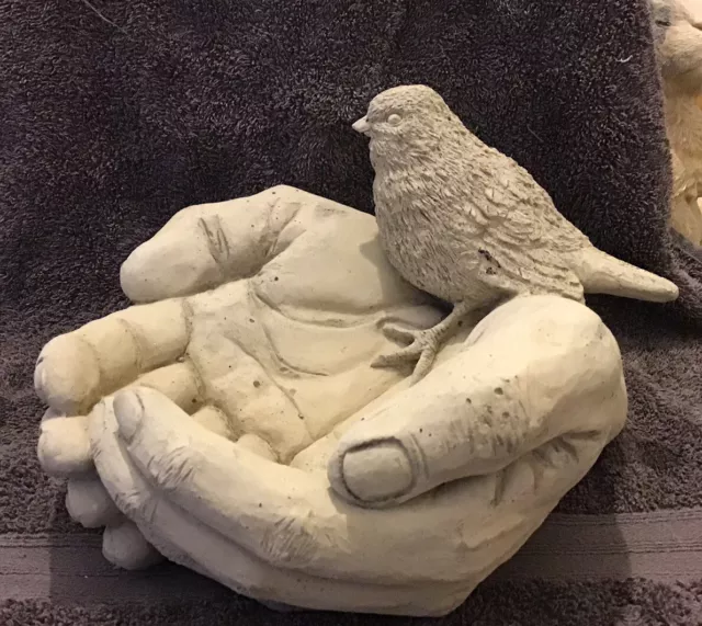 Bird In Hand Stone Bath Feeder Concrete Garden Ornament Gift Free Postage