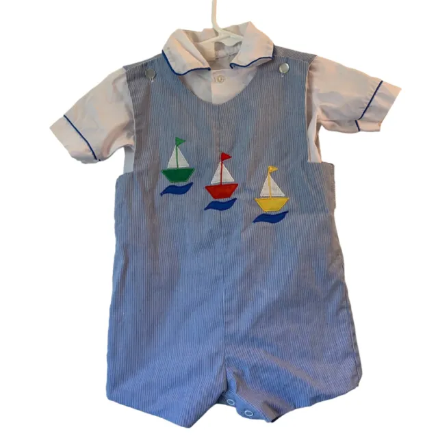Vintage 90's Boys Sailboat Blue Pin Stripe Romper White Shirt Summer Outfit Set