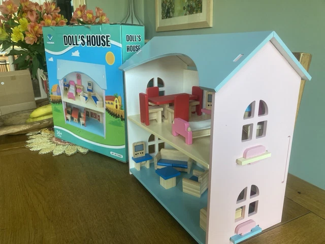 WOODEN DOLL HOUSE with Furniture and Accessories for Age 3 and up Girls WOODEN DOLL HOUSE with Furniture and Accessories for Age 3 and up Girls