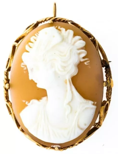 Pendent - Brooch,  14kt Yellow Gold Art Deco Brooch-Pendant, Lady Portrait Cameo