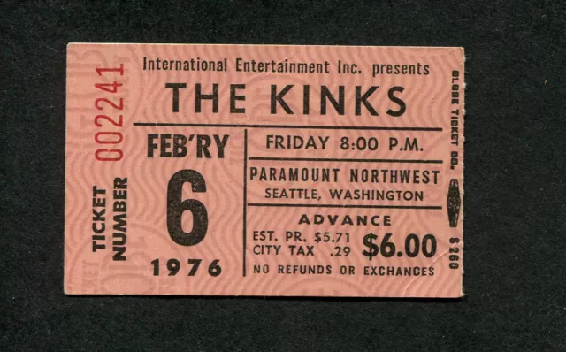 1976 Kinks concert ticket stub Paramount Seattle You Really Got Me