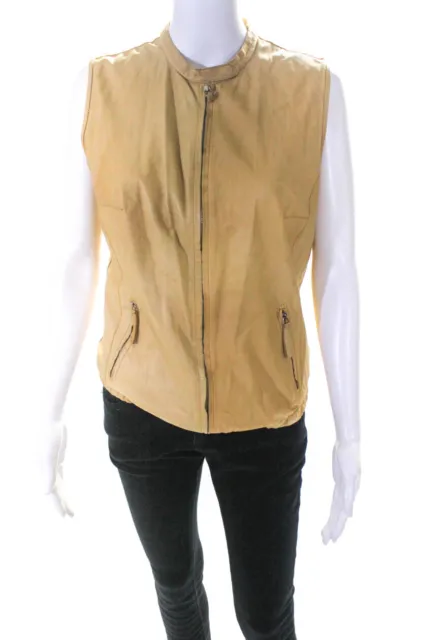 Brogden Womens Front Zip Crew Neck Leather Vest Jacket Brown Size Large