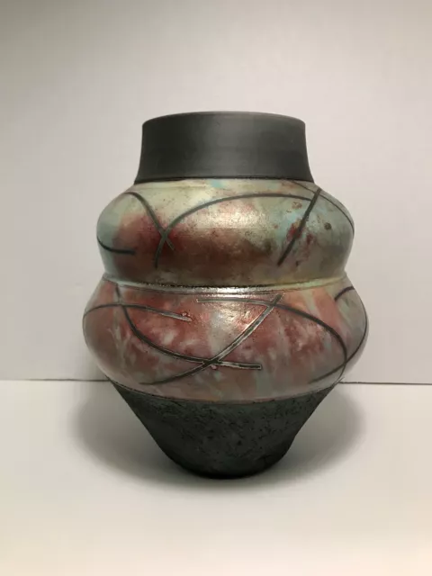 RARE Mid-Century Raku Iridescent Metalic Studio Pottery Vase Signed