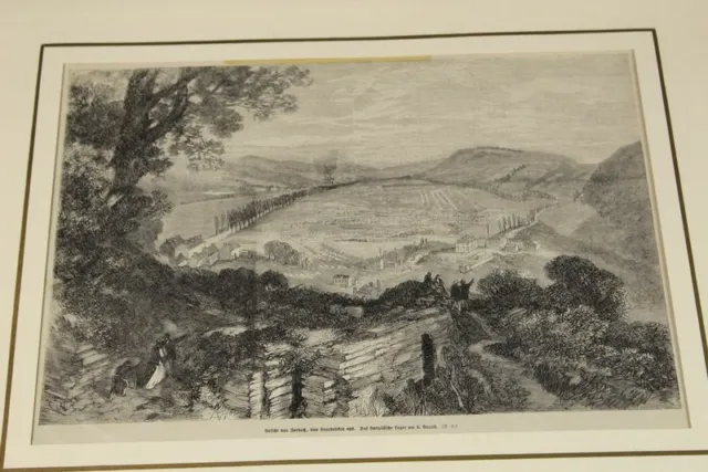 Ansicht von Forbach von Saarbrücken aus - Holzstich im Passep. um 1870 (A) /S348
