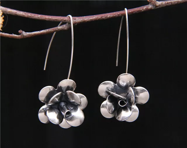 B25 Earrings Large Flower Tibet Nepal Sterling Silver 925