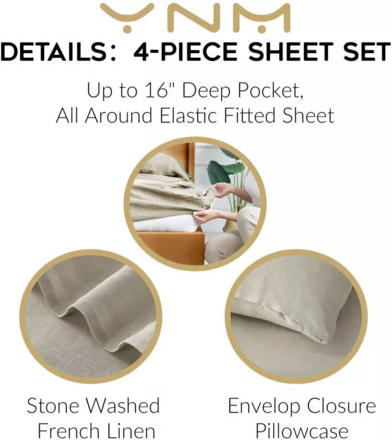 YNM French Linen Sheet Set - Cozy, Skin-Friendly, and Eco-Friendly Pure French L 2