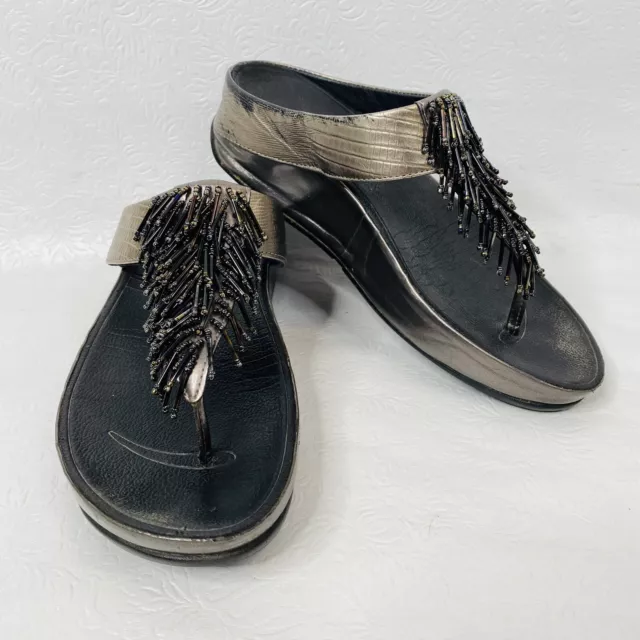 FITFLOP Cha Cha Womens Size 7 READ Wedge Sandals BLACK Beaded Metallic 336-289