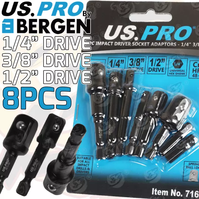 US PRO IMPACT Drill Socket Adaptor 8PCS Hex Drive To 1/4" 3/8" 1/2" DR Square