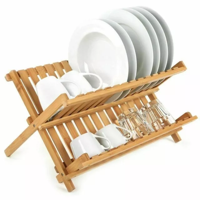 Foldable Dish Drying Rack Brown Bamboo Wood Kitchen Plates Cutlery Cup Holder