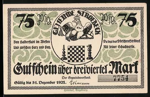 Notgeld Stroebeck 1921, 75 Pfennig, Herzog Ludwig Rudolf von Braunschweig und d