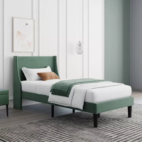 Single Size Bed Frame 3ft Velvet Upholstered Bed Frame with Wood Slat Support QS