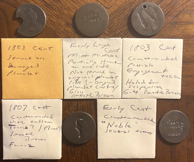 Lot Of 5 Counter-Stamped Draped Bust Large Cents W/ Papers  Free U S Shipping