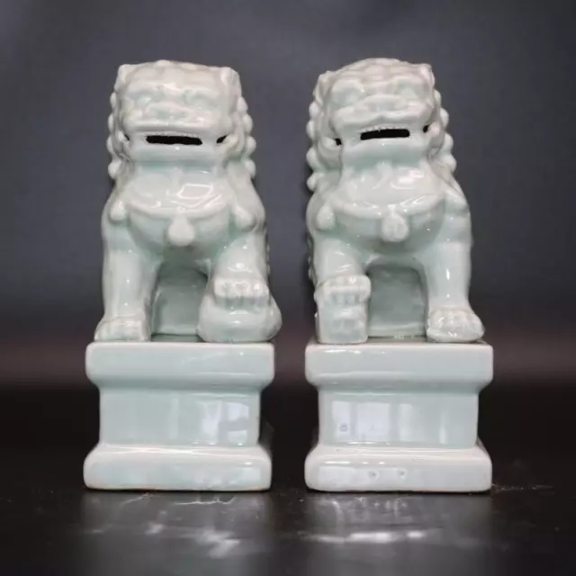 6.3" A Pair Celadon Glaze Porcelain Figurine Foo Fu Dog Guardion Lion Statue