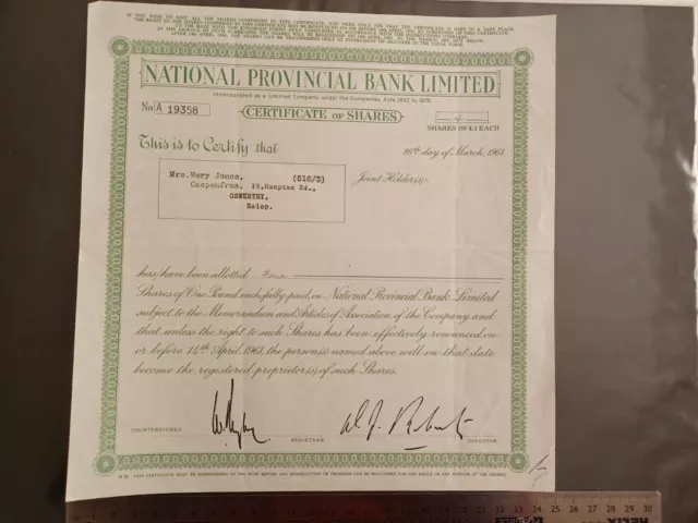 Vintage 1961 National Provincial Bank Limited Share Certificate 4 Shares £1 each