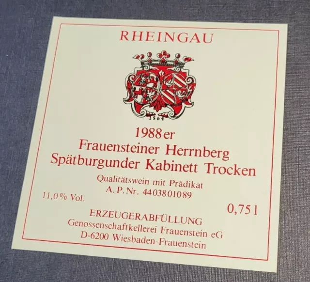 Weinetikett 1988er  Frauensteiner Herrnberg Spätburgunder Kabinett Trocken